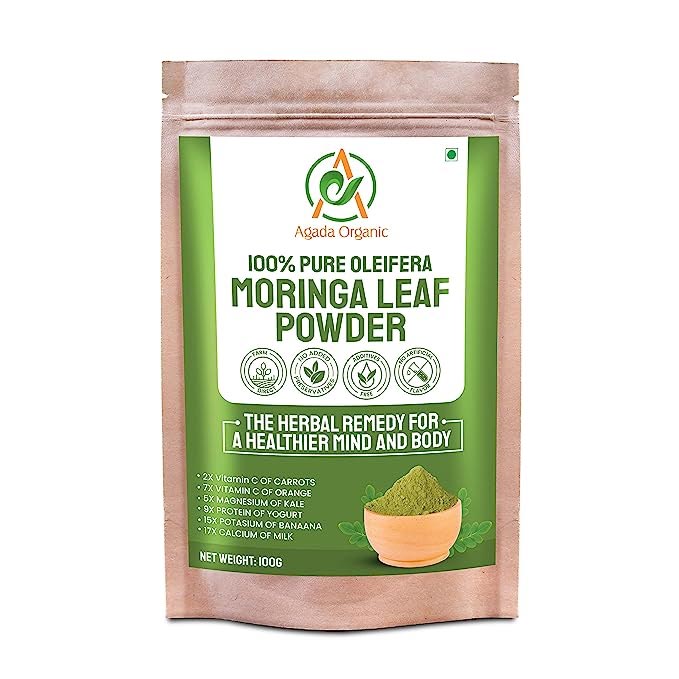 AGADA ORGANIC - 100% MORINGA POWDER  | IMMUNITY BOOSTER | DRUMSTICK LEAF POWDER | NATURAL MULTI-VITAMIN | ANTI-OXIDENT | GOOD FOR HAIR & SKIN |PROTEIN RICH || GOOD FOR SMOOTHIES, DRINKS ,TEA RECIPES (100g)